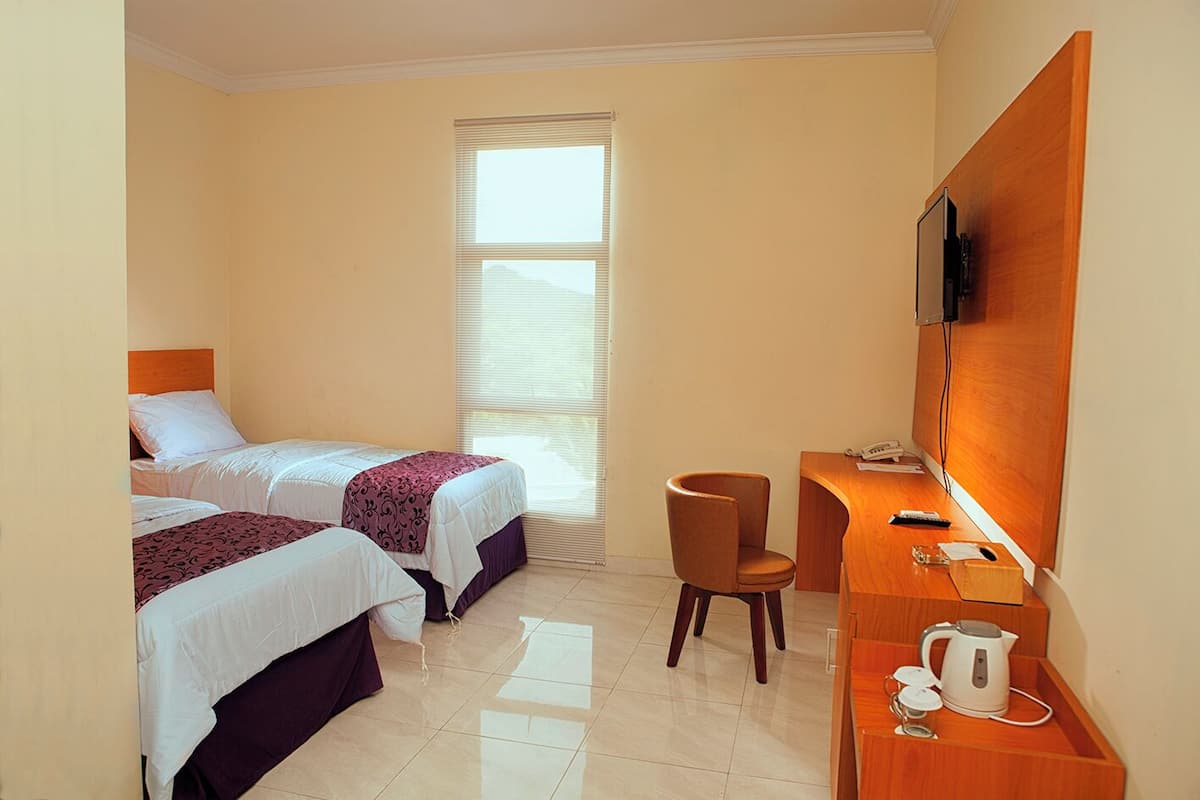 A hotel room with two beds, a desk with a telephone and a kettle, and a television on the wall.