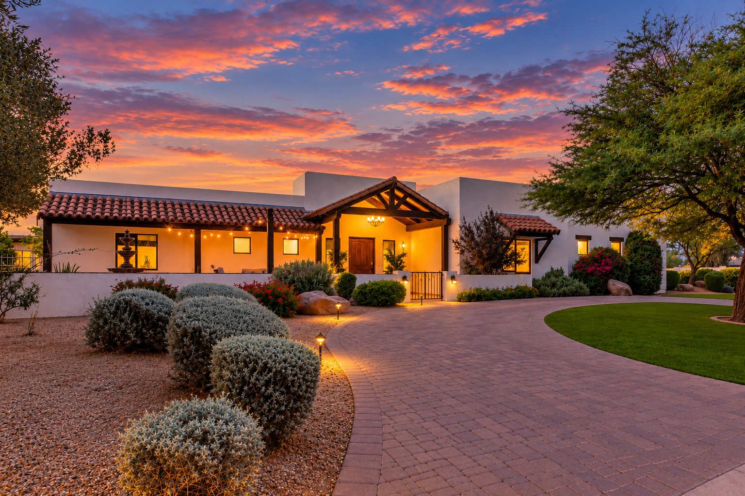 A modern house with a patio, surrounded by landscaped gardens and a curved driveway.
