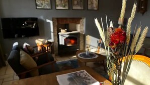 A cozy living room with a fireplace, a sofa, a coffee table with a book, and a vase with dried flowers. - Idyllic Village Cottage With Hot Tub & Scenic Views (Mont-Saint-Jean)