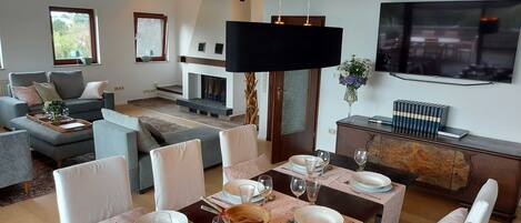 TV, fireplace, books, stereo