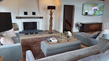 Fernseher, Kamin, BĂŒcher, Stereoanlage