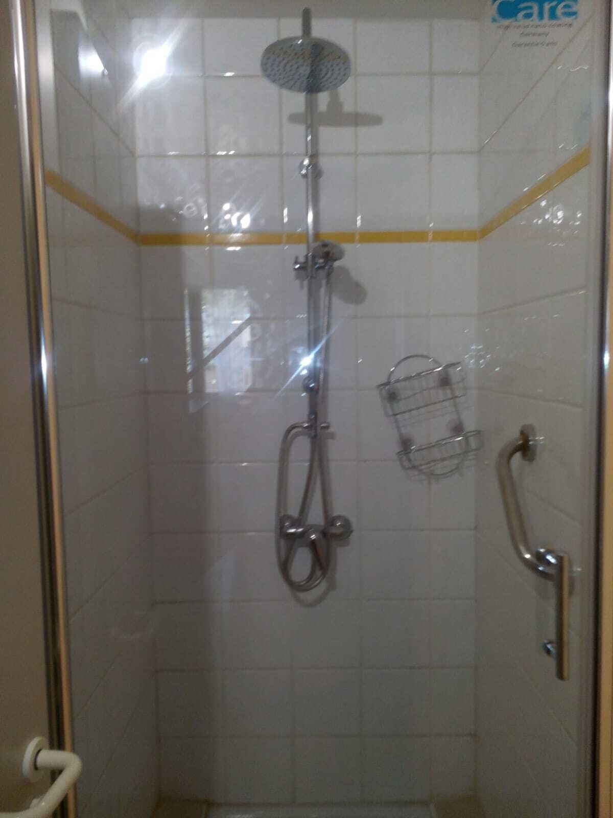 A glass-enclosed shower stall with a handheld showerhead, a handheld shower attachment, and a wall-mounted faucet.