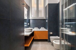 Shower, hair dryer, bidet, towels