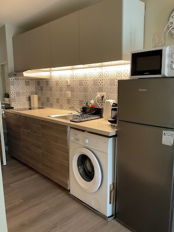 Fridge, microwave, stovetop, coffee/tea maker. Luxury studio with garden