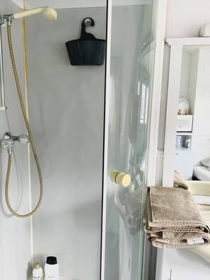 Hair dryer, towels, soap, toilet paper