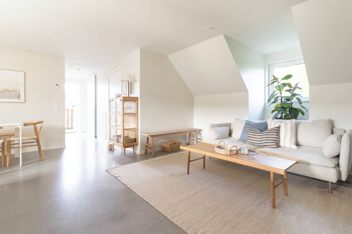A modern living room with a sofa, a coffee table, and a dining area with a table and chairs.