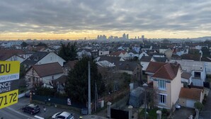 Un barrio residencial con casas, una calle y el horizonte de la ciudad al fondo.