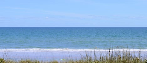 Uma praia com céu claro e águas calmas.