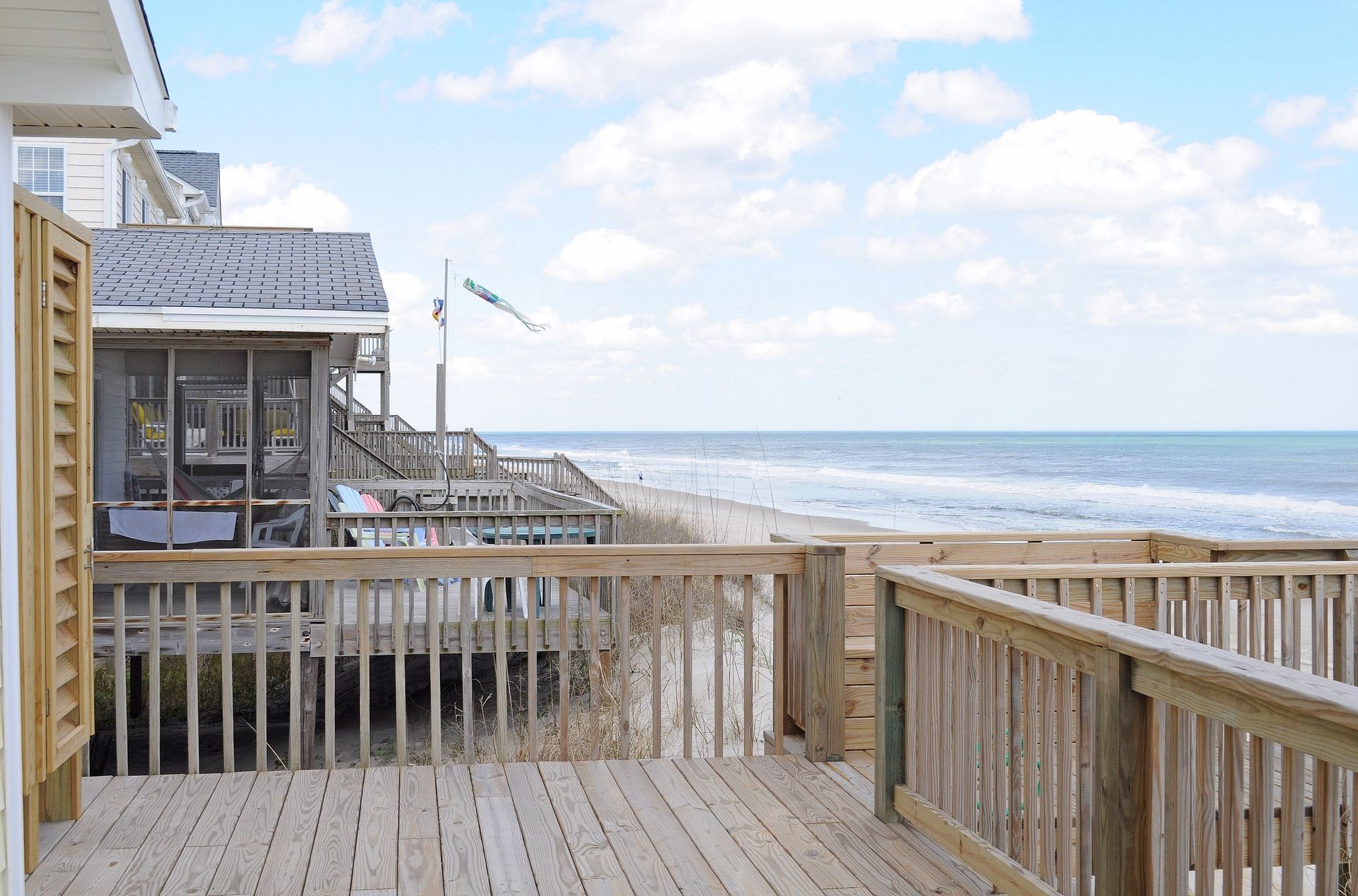 A wooden deck with a view of the ocean.
