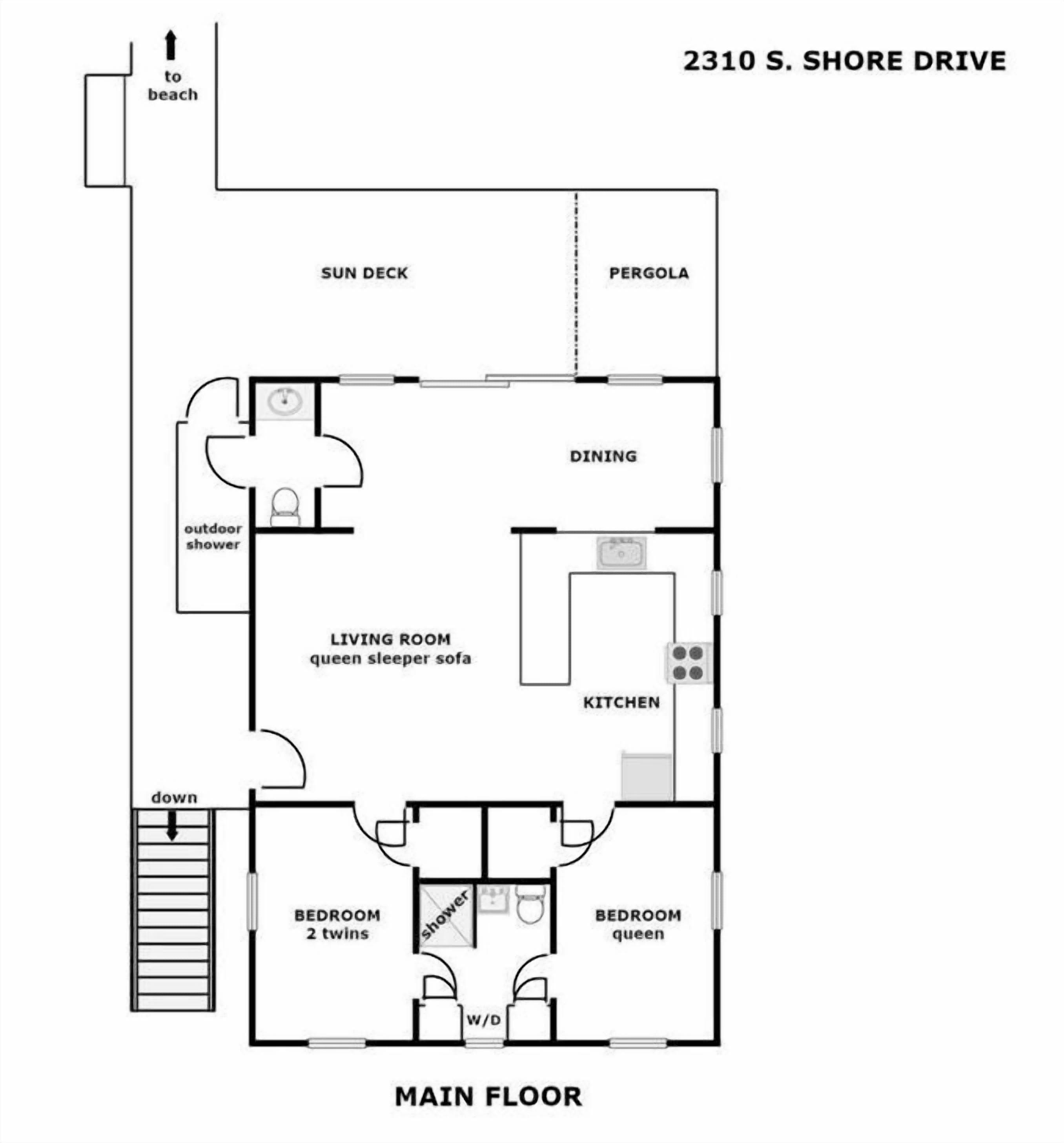 Grundplan for en lejlighed på 2310 S. Shore Drive med solterrasse, spiseområde, køkken, to soveværelser, en stue med en queensize sovesofa og et udendørs brusebad.