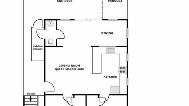 A floor plan of a 2310 S. Shore Drive apartment with a sun deck, dining area, kitchen, two bedrooms, a living room with a queen sleeper sofa, and an outdoor shower. - Wholly Mackerel - Oceanfront, 2 Bedroom, Adorable Cottage in Surf City!  Dog (Surf City)
