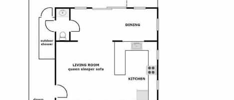 Plan d’étage d’un appartement situé au 2310, South Shore Drive, comprenant une terrasse ensoleillée, un coin repas, une cuisine, deux chambres, un salon avec un canapé-lit double et une douche extérieure.