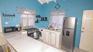 A compact kitchen with a stove, microwave, sink, and refrigerator. - Tao's Cozy Cottage! Piton View (Soufriere)