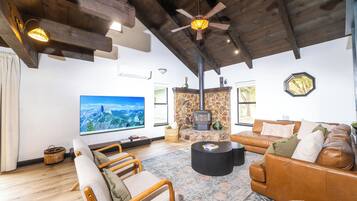 Smart TV, fireplace, video games, foosball