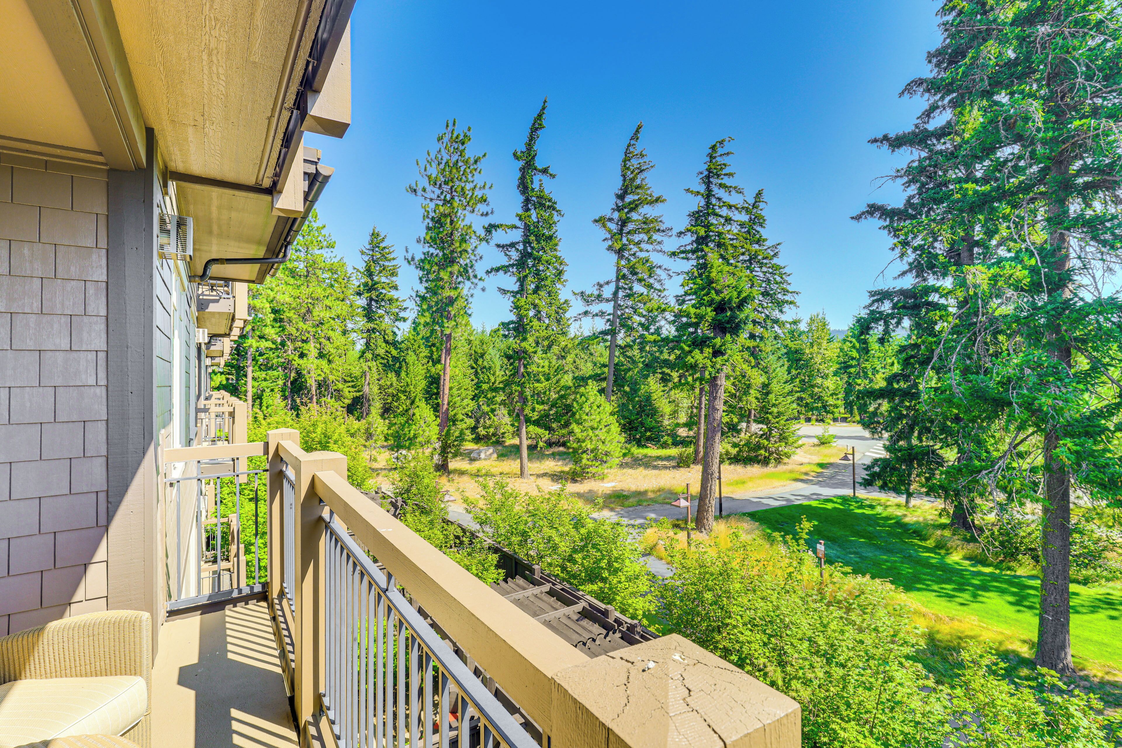 A balcony with a view of a forested area and a road.
