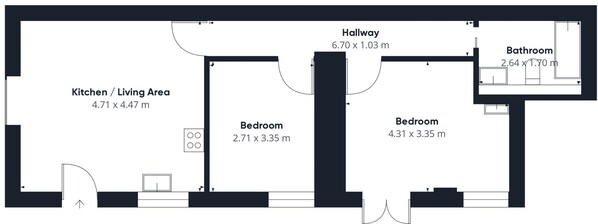 Un plan d’étage comprenant une cuisine/pièce à vivre (4,71 x 4,47 m), deux chambres (2,71 x 3,35 m et 4,31 x 3,35 m), un couloir (6,70 x 1,03 m) et une salle de bain (2,64 x 1,70 m).