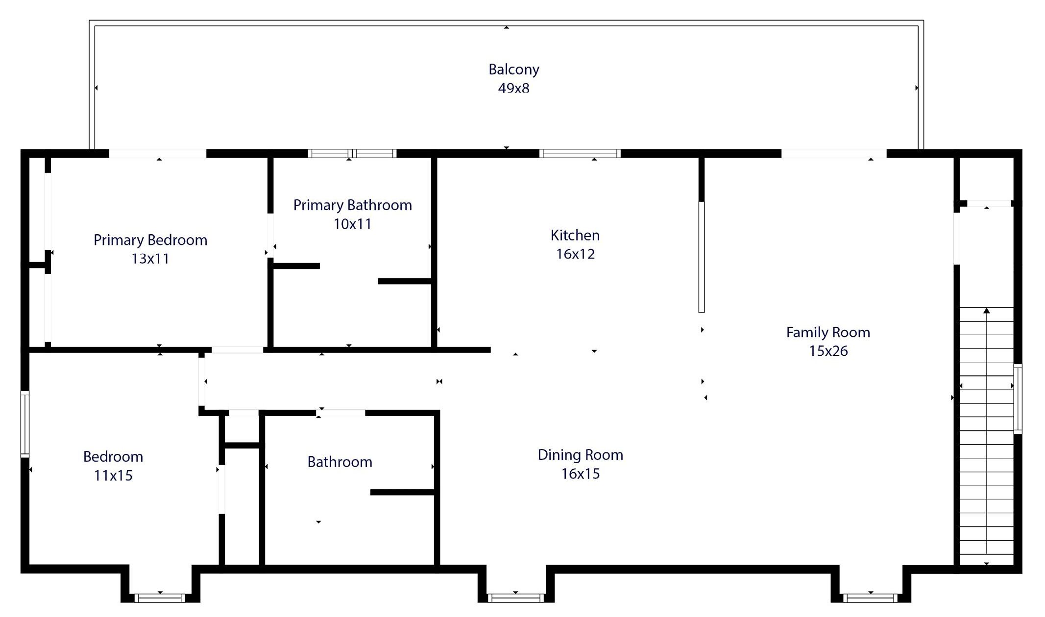 Un plan d’étage comprenant un balcon, une chambre principale, une salle de bain principale, une cuisine, un salon, une salle à manger et une chambre.