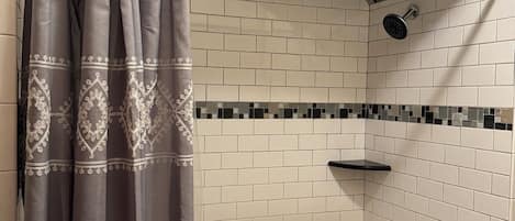 Hair dryer, towels, soap, shampoo