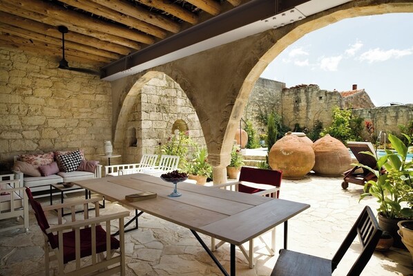 Outdoor dining - Cozy Rustic Villa with Private Pool carefully designed (Arsos)