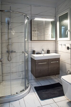 Shower, hair dryer, bidet, towels