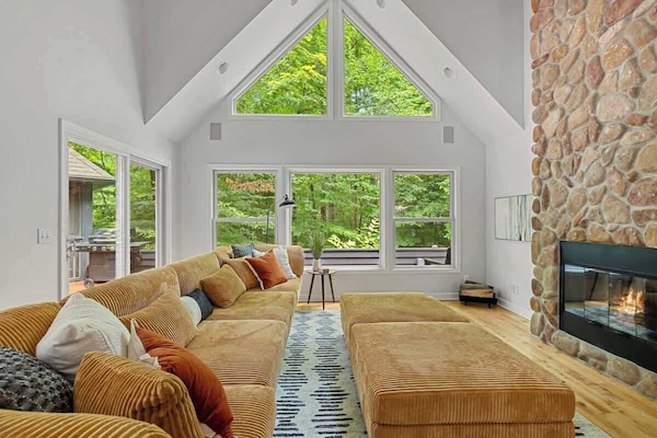 Smart TV, fireplace, table football, books