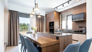 Une cuisine moderne dotée d’un îlot central, d’appareils électroménagers intégrés et offrant une vue sur l’extérieur.