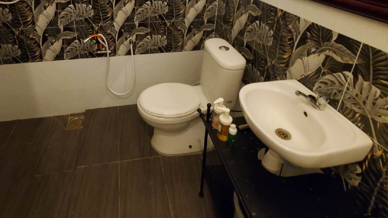 A bathroom with a toilet, sink, and shower.