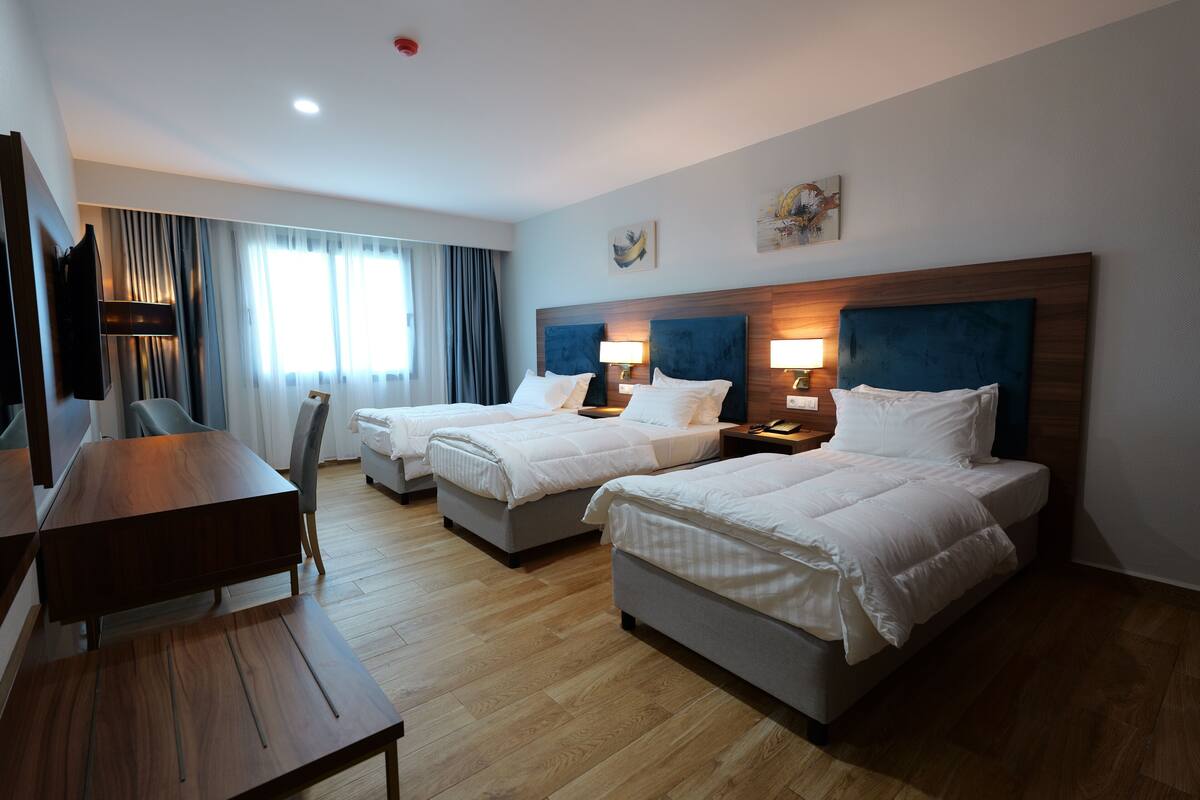 Habitación de hotel con dos camas, un escritorio y un televisor.