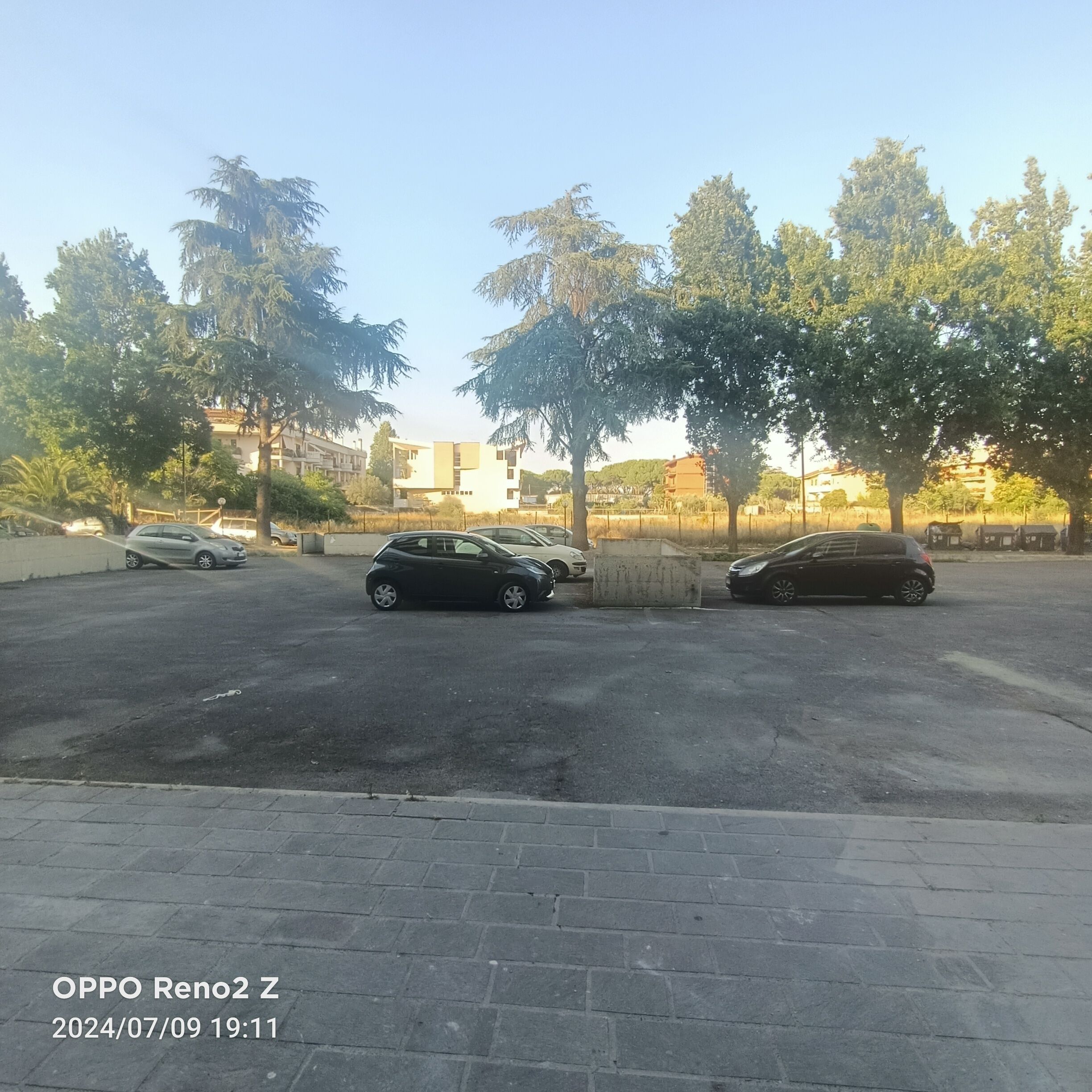 A parking area with three cars, paved ground, and trees.