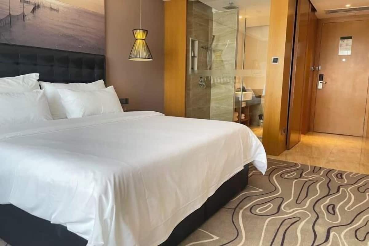 Une chambre d’hôtel avec un grand lit, une douche en verre et une porte en bois.