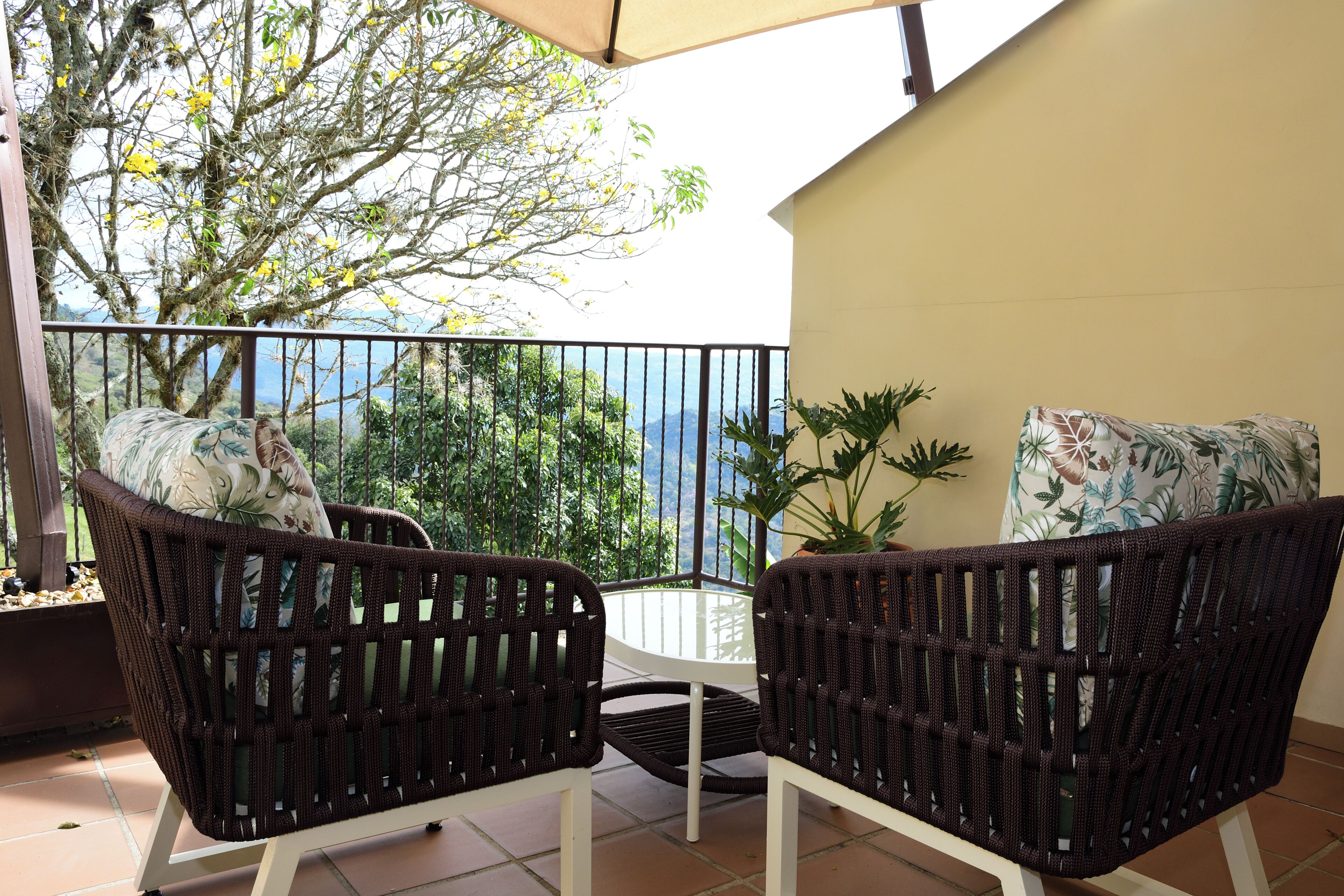 A balcony with wicker chairs, a potted plant, and a view of a mountainous landscape.