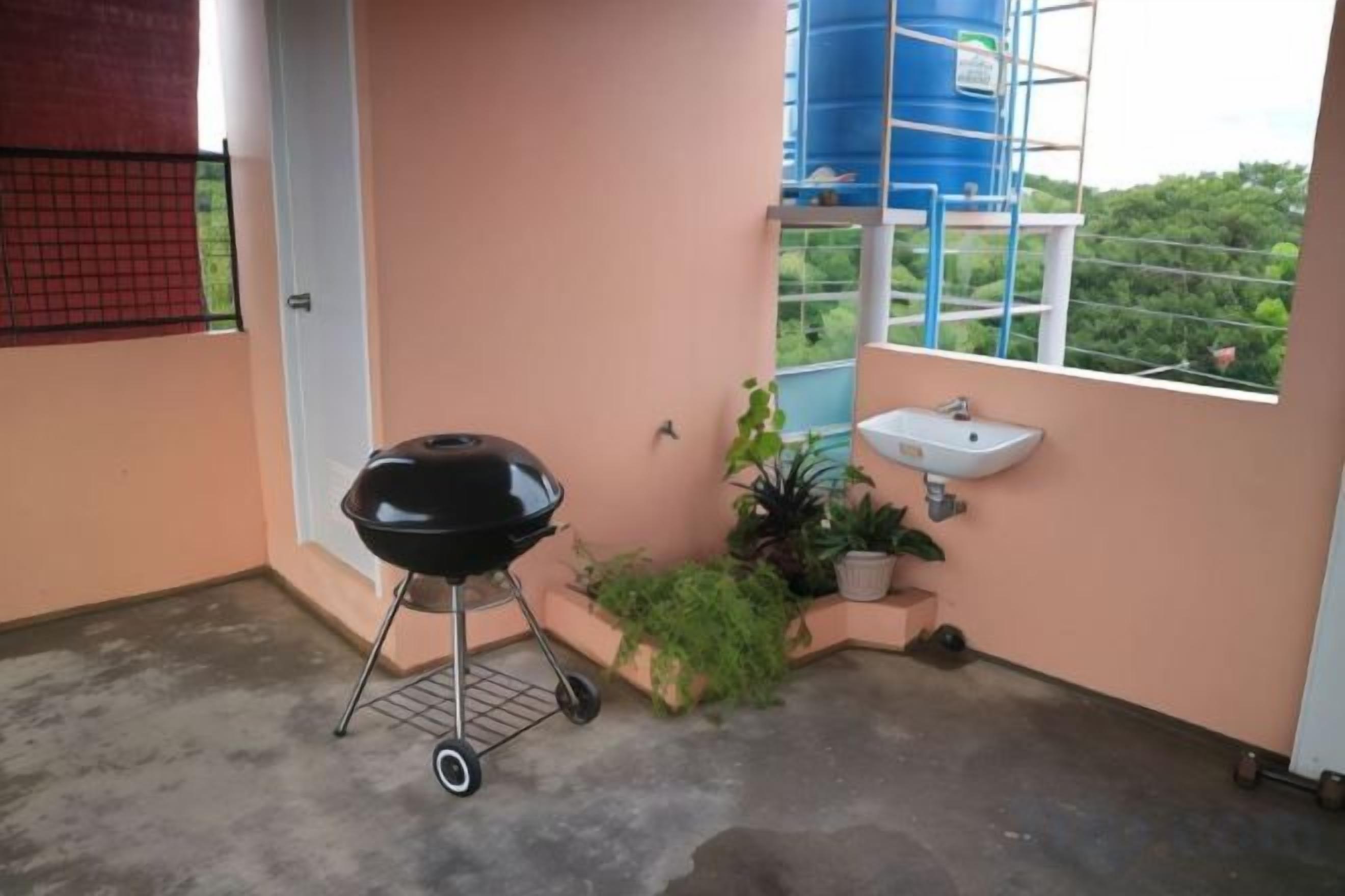 A small balcony with a barbecue grill, a sink, and potted plants.