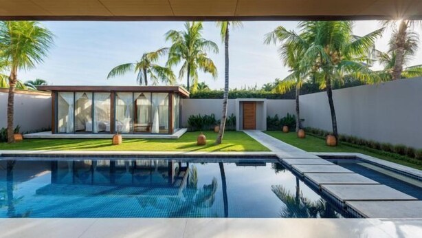 A modern pool area with a clear view of a glass-enclosed structure, palm trees, and a well-maintained lawn. - One Eleven Retreat (Bali)