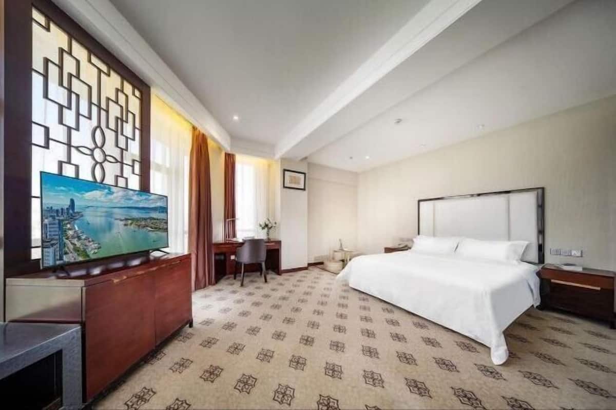 Ein Hotelzimmer mit einem großen Bett, einem Schreibtisch mit Stuhl, einem Fernseher und einem dekorativen Raumteiler.