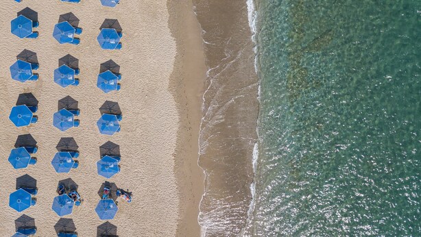 An aerial view of a beach with rows of blue umbrellas and beach chairs, indicating a beach resort setting.