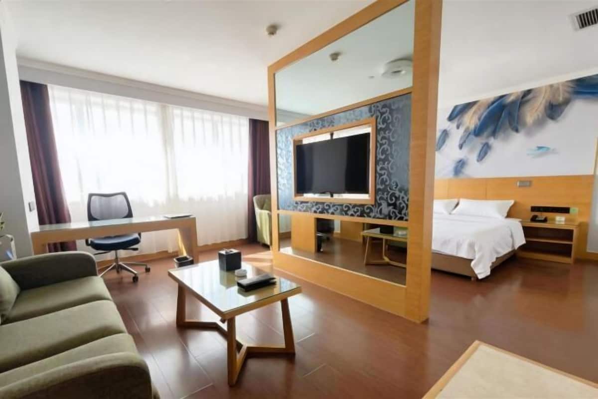 Una habitación de hotel con cama, escritorio, silla, televisor y un espejo grande.