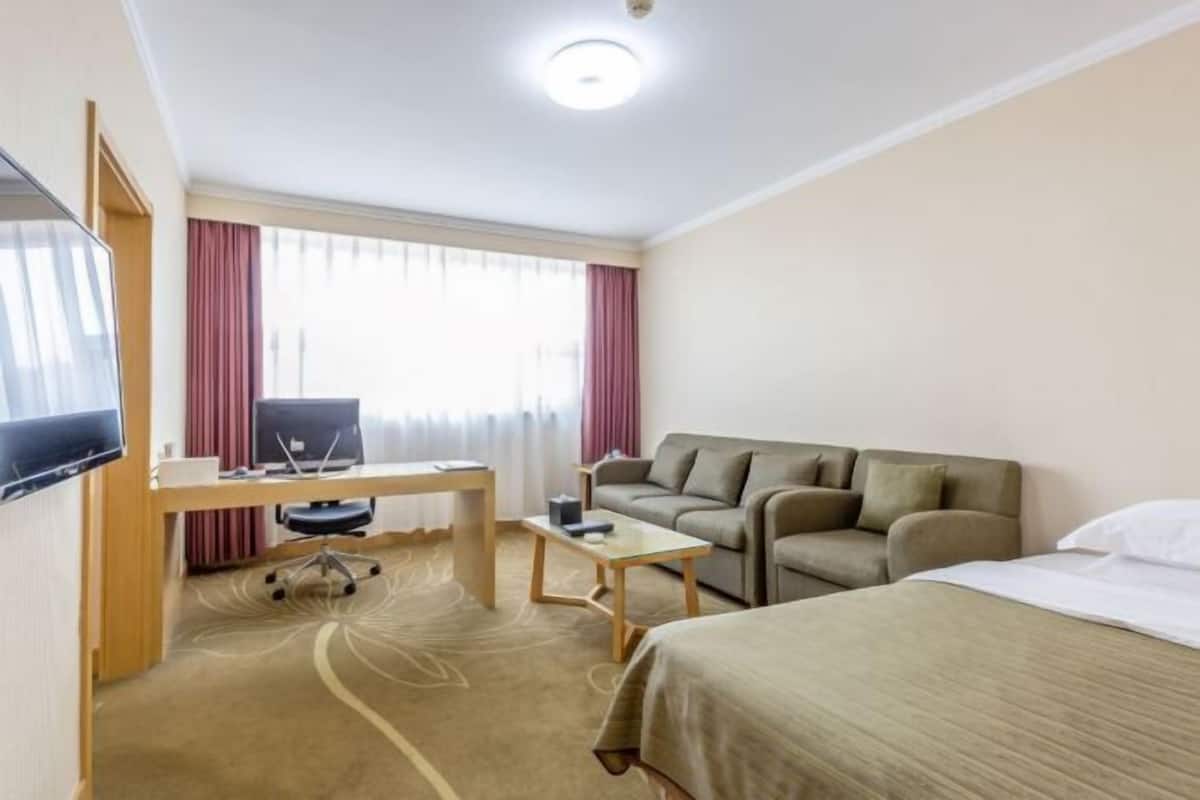 Habitación de hotel con cama, escritorio con computadora, sofá y televisor.