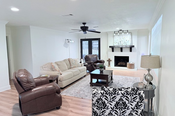 Beautiful living room with wood burning fireplace