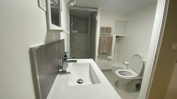 Douche, serviettes fournies, savon, papier toilette