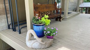 A porch with a wooden bench, two potted plants, and a swan-shaped planter.