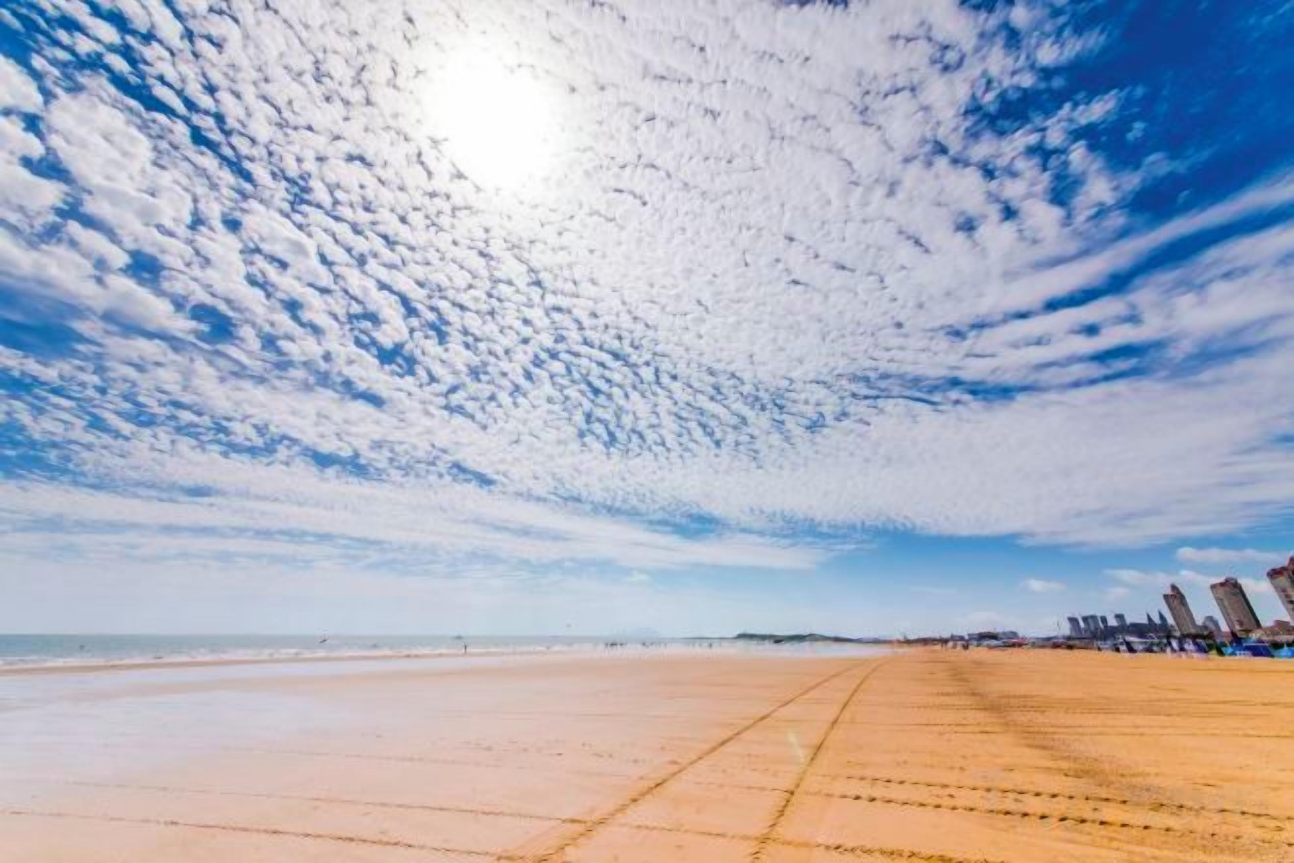 A beach with a clear sky and distant buildings.