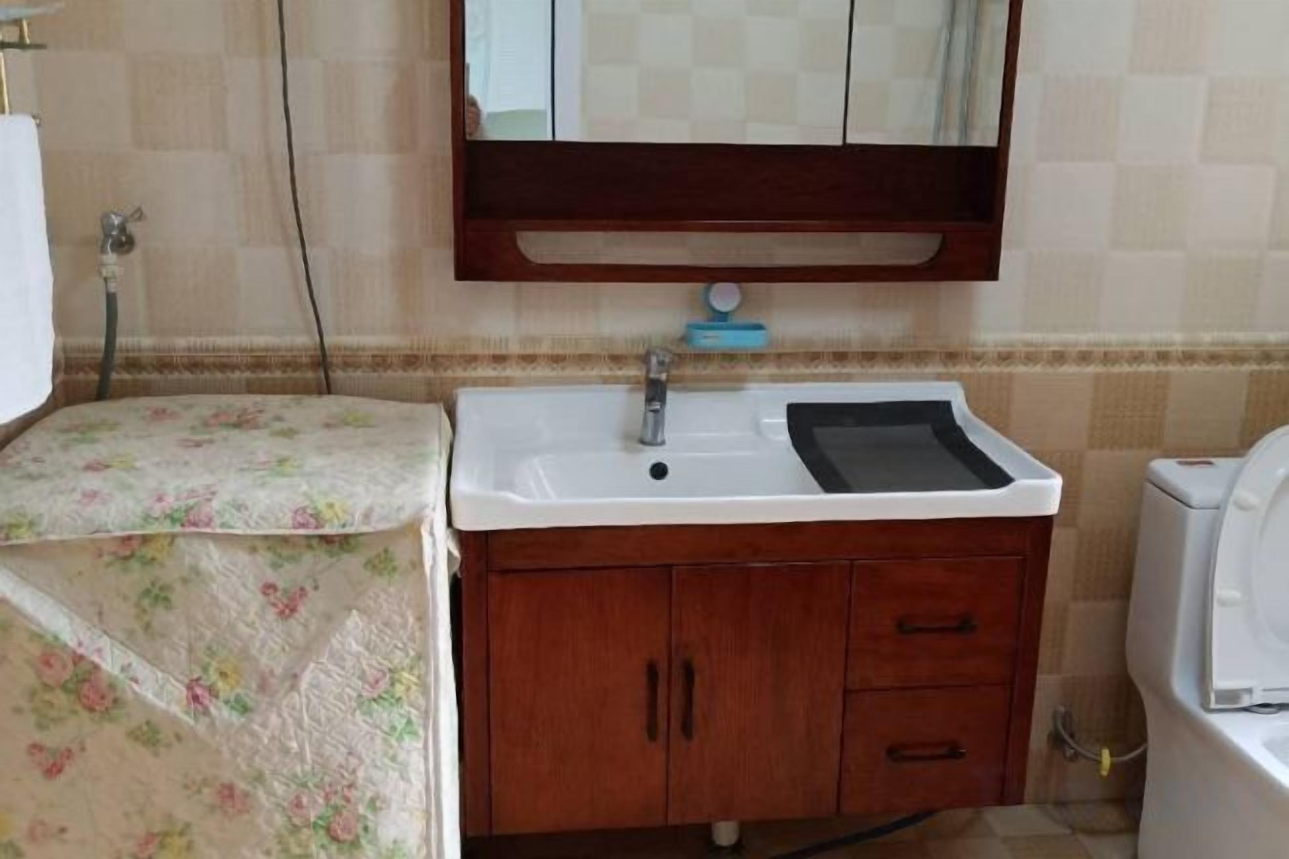 A bathroom with a sink, mirror, and cabinet.