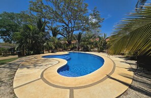A swimming pool with a wavy edge design, surrounded by palm trees and a clear blue sky.