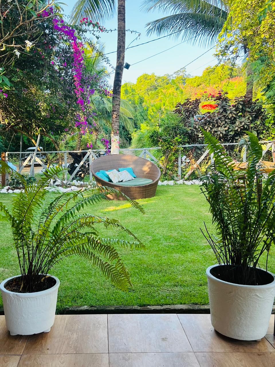 Un patio con una silla de mimbre, una piscina pequeña y abundante vegetación.