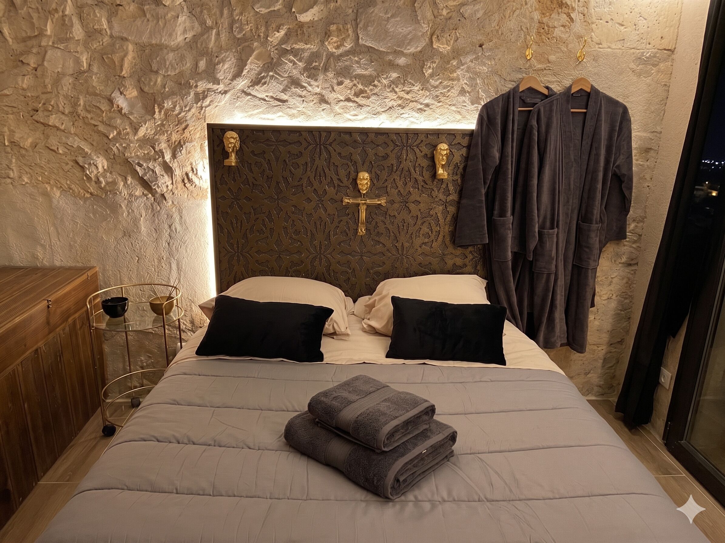 Een slaapkamer met een stenen muur, een bed met hoofdeinde, twee zwarte kussens, een opgevouwen handdoek en een houten nachtkastje met een kom en een glas.