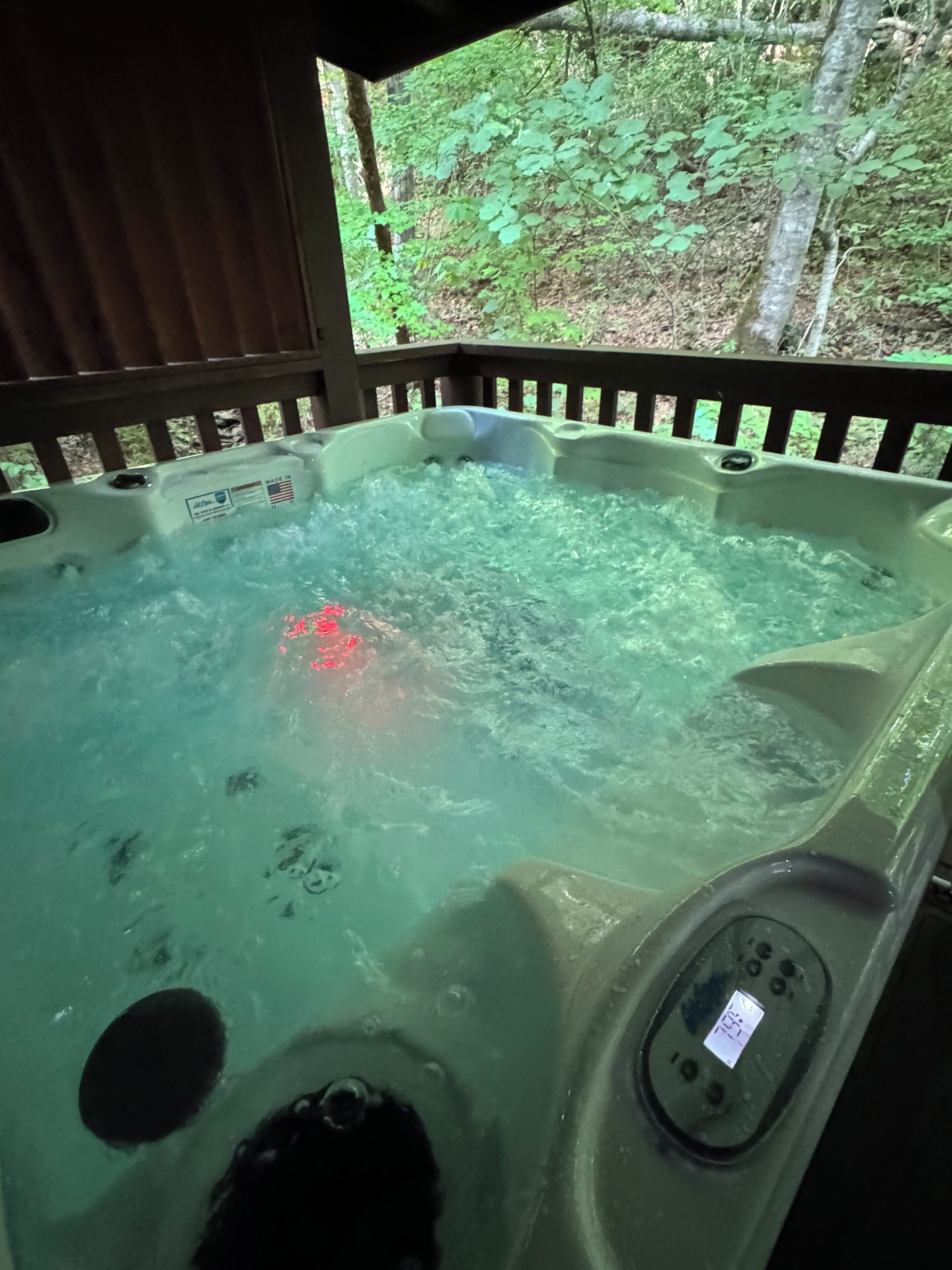 Ein Whirlpool mit digitaler Bedieneinheit, umgeben von einer Holzterrasse und einem bewaldeten Gebiet.