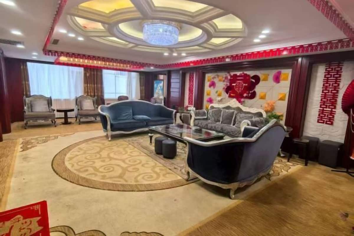 A well-lit living room with a chandelier, two sofas, a coffee table, and a patterned rug.
