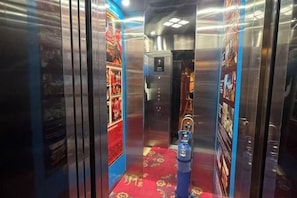 An elevator with a red carpet and a blue fire extinguisher. - Shambhala Palace Hotel (Lhasa)