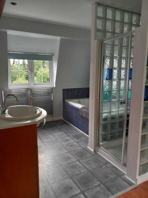 Hair dryer, towels, soap, shampoo