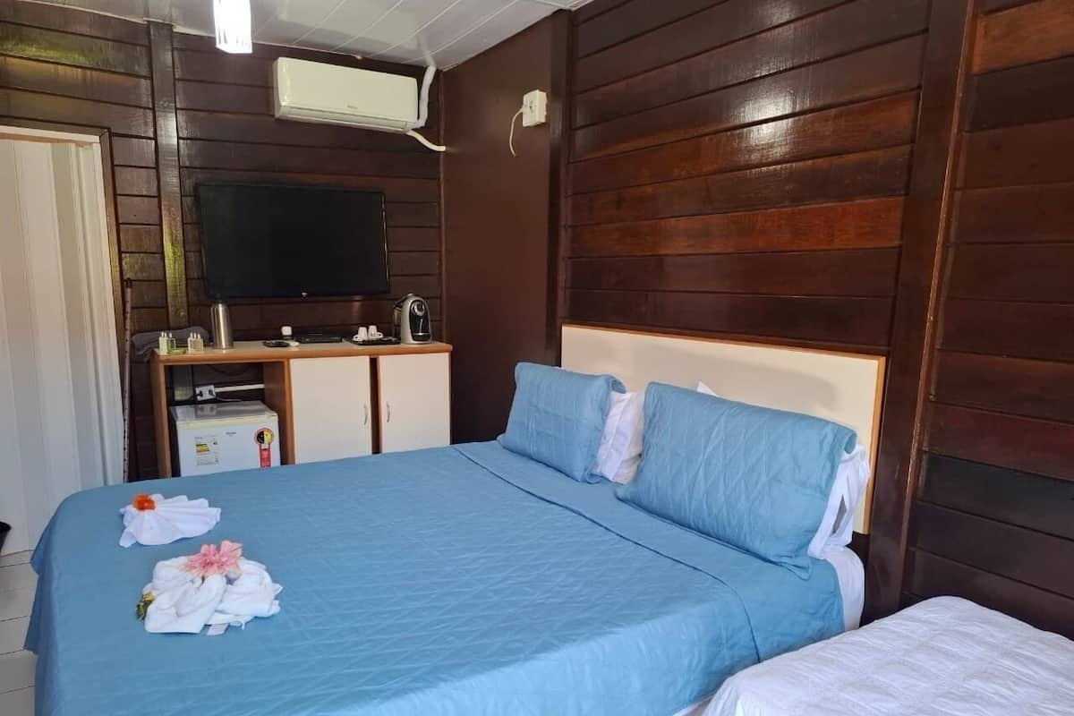 A hotel room with a large bed, a TV, a desk with a kettle, and wooden paneling.